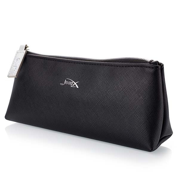 Black ODM Leather Travel Makeup Bag Metal Zipper Head