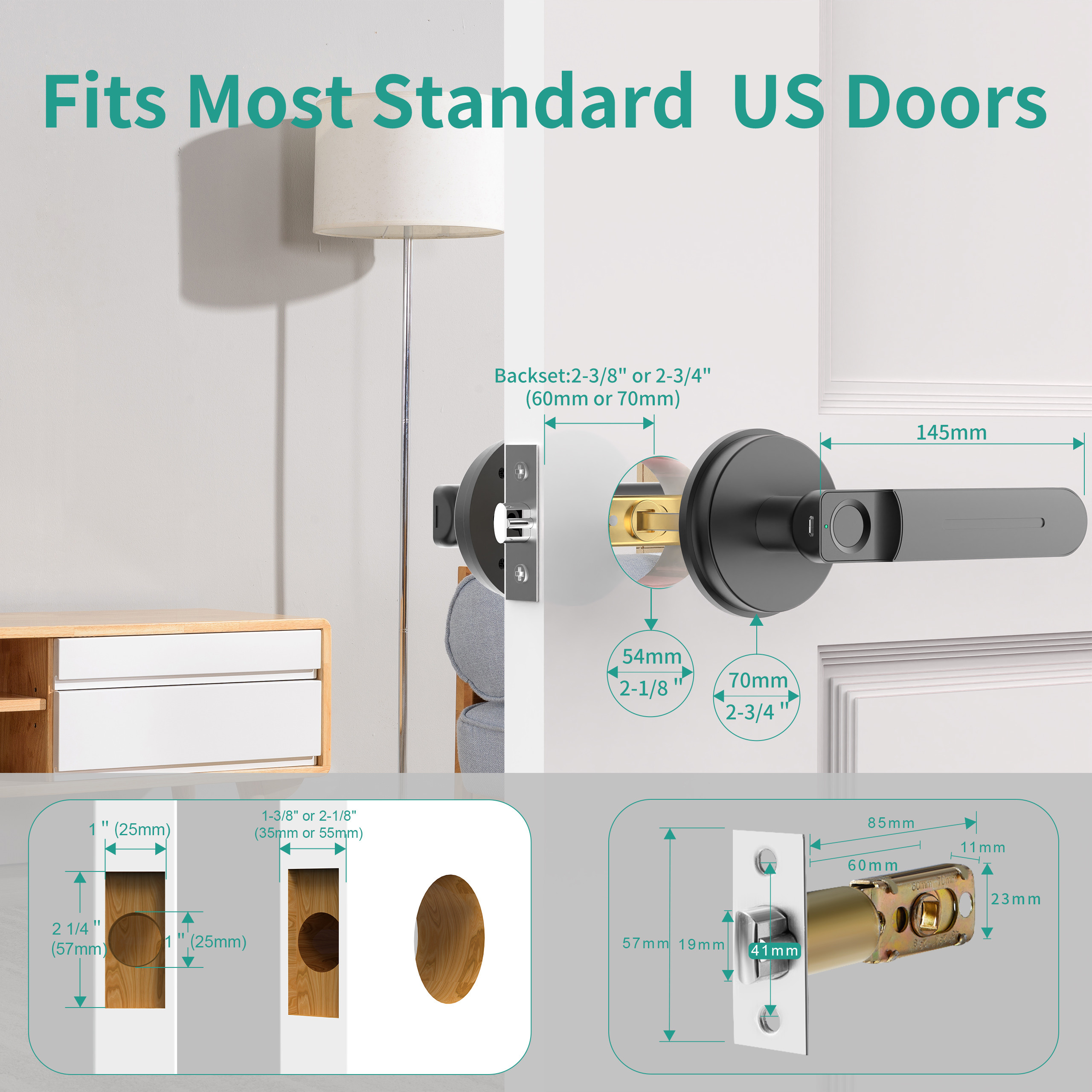 App Function, Smart Fingerprint Door Lock,Keyless Door Lock with Handle,Room Door Lock for Bedroom / Office