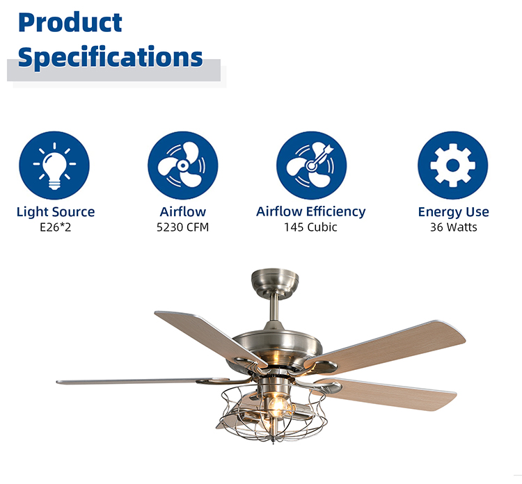 Brushed Nickel 2000LM Five Metal Blade Ceiling Fan With Light 65W
