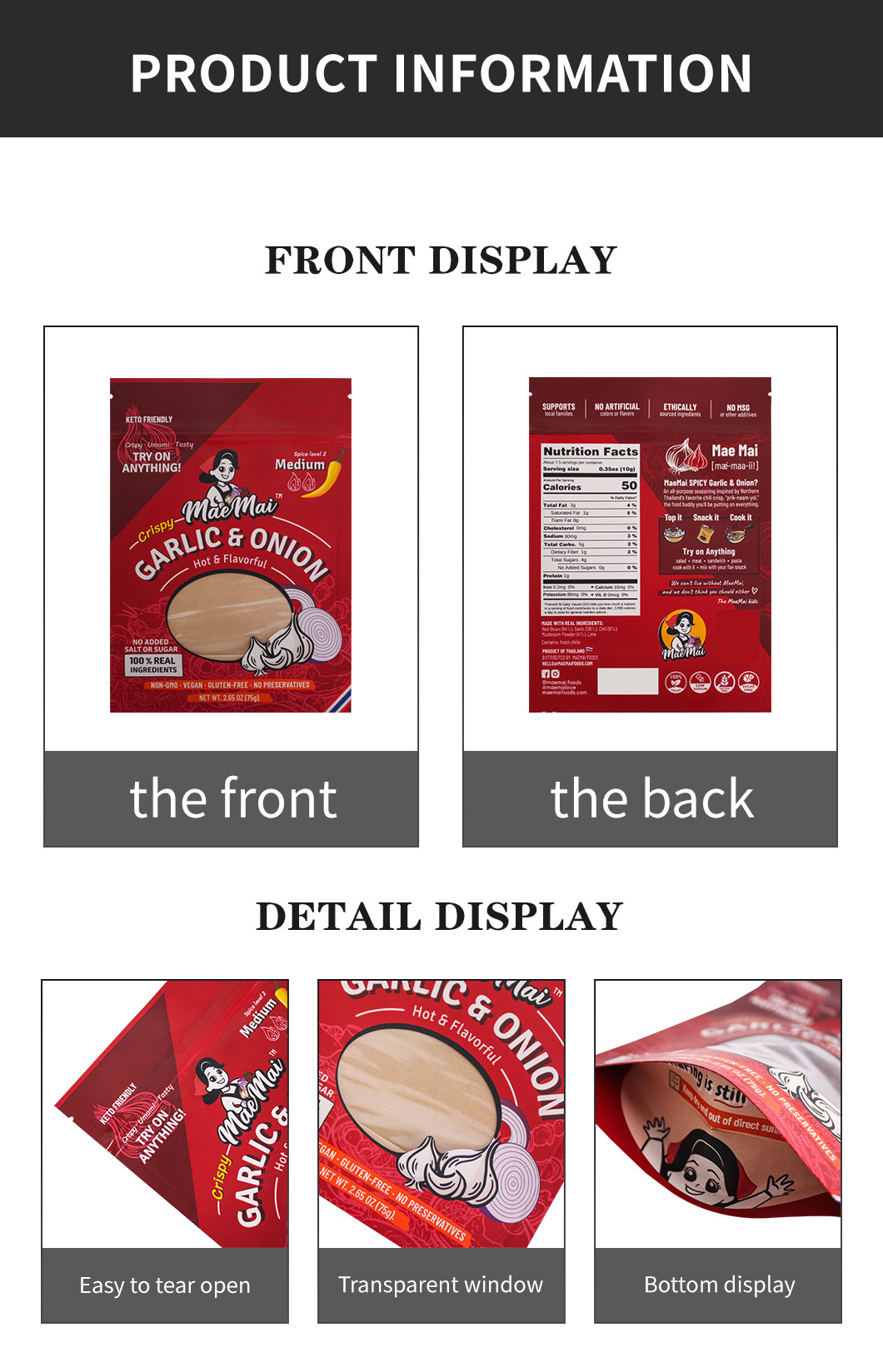 Moisture Proof Dried Food Packaging Bag With Matte Window And Tear Notch