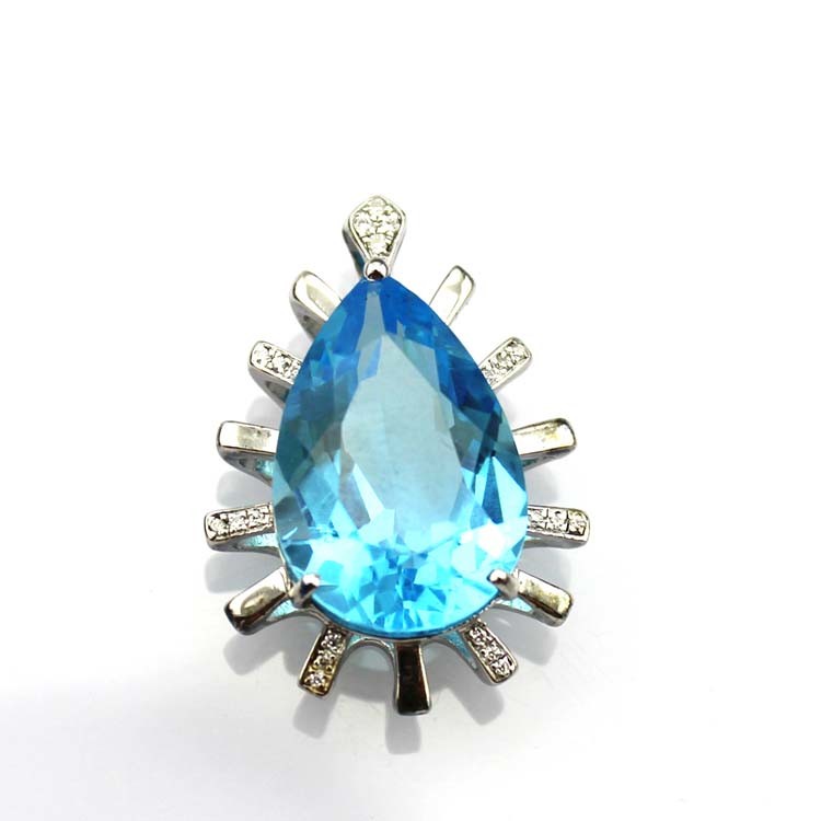 925 Sterling Silver 12mmx18mm Drop Shape Blue Topaz CZ Diamonds Pendant with Chain Necklace (PSJ0217)