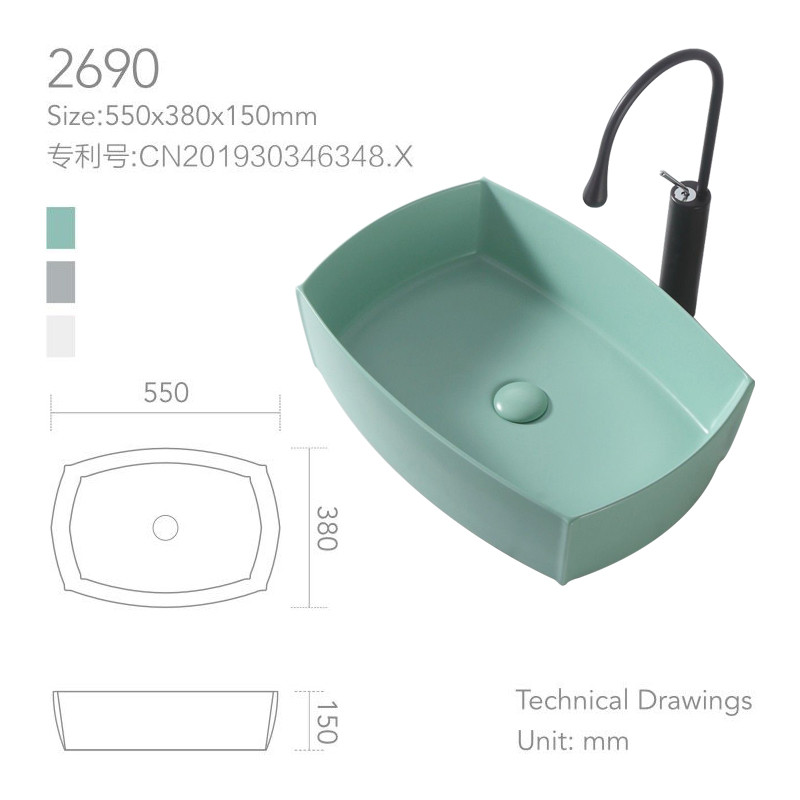 12L Square Counter Top Basin Ceramic Sink Matte Light Green Color