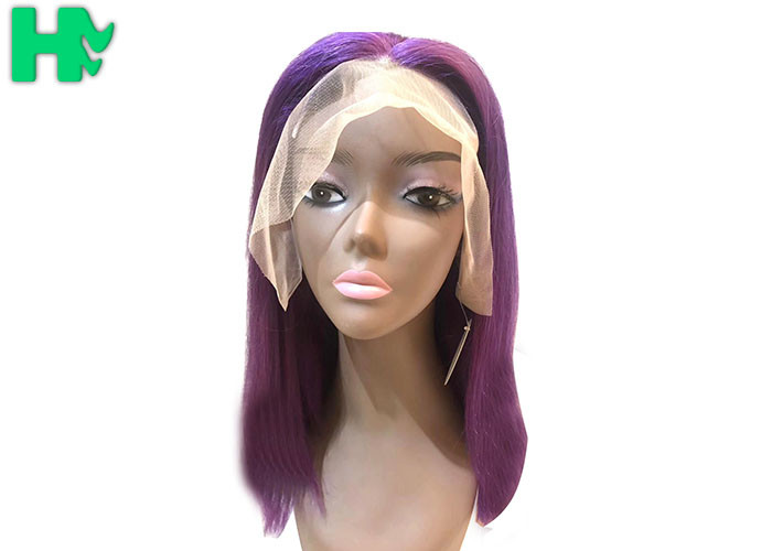 Natural Straight Wave Short Human Hair Lace Front Wigs 12 Inch Purple Color