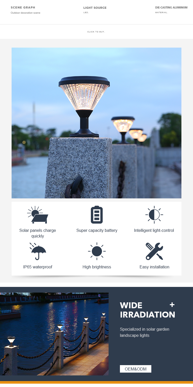 DC 3.2V Solar Pillar Light , Solar Bollard Lamps For Courtyards Villas