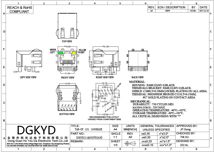 DGKYD211Q052FD2A5D RJ45 Network Connector Ethernet Filter