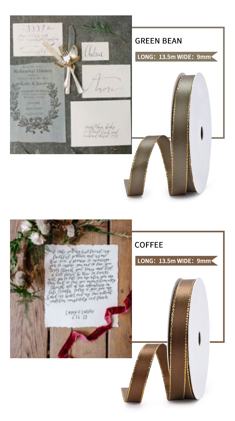 High Quality Solid Color Polyester Gold Edge 6mm Satin Ribbon Roll