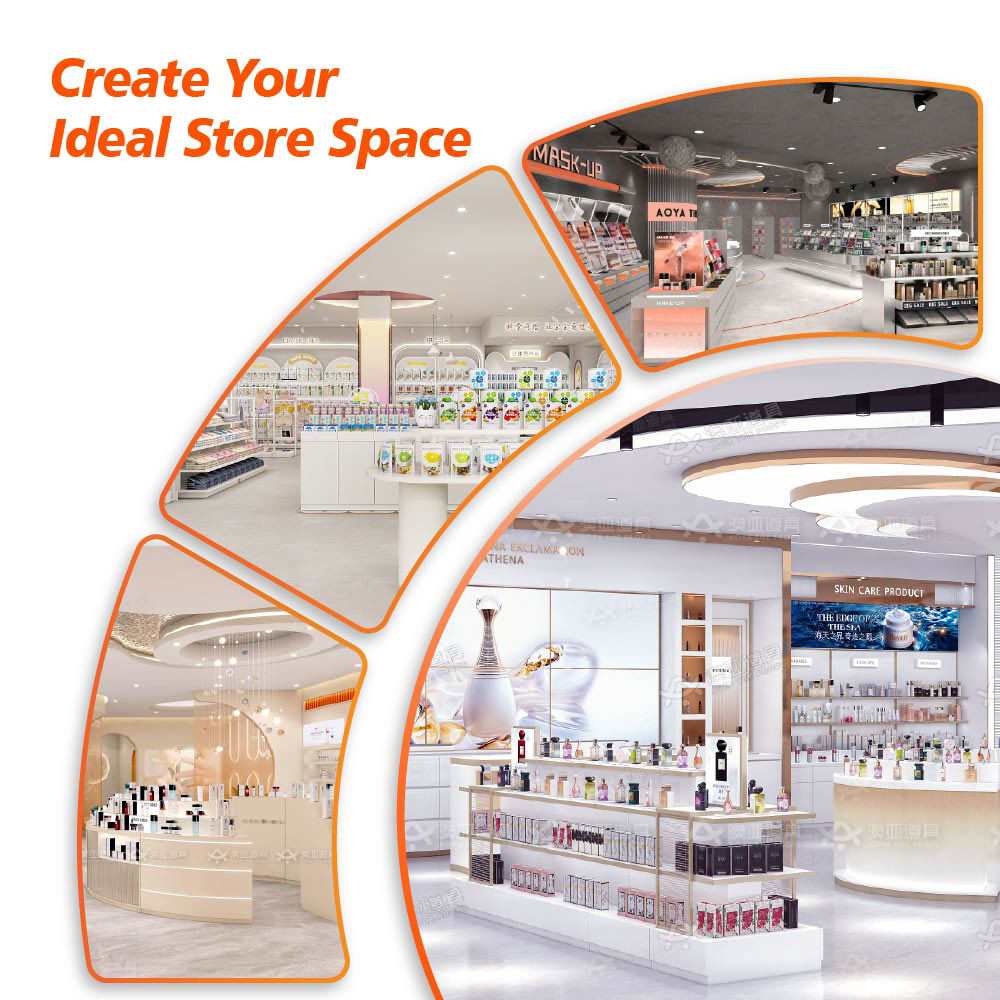 GDR08-SP02 Cosmetic Display Shelf with Gray Velvet Headband Cylinders and Efficient Storage for Cosmetics Retail Stores