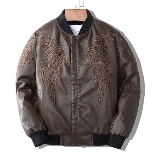 Breathable Winter mens classic leather jackets Floral Patterned Fully Lined