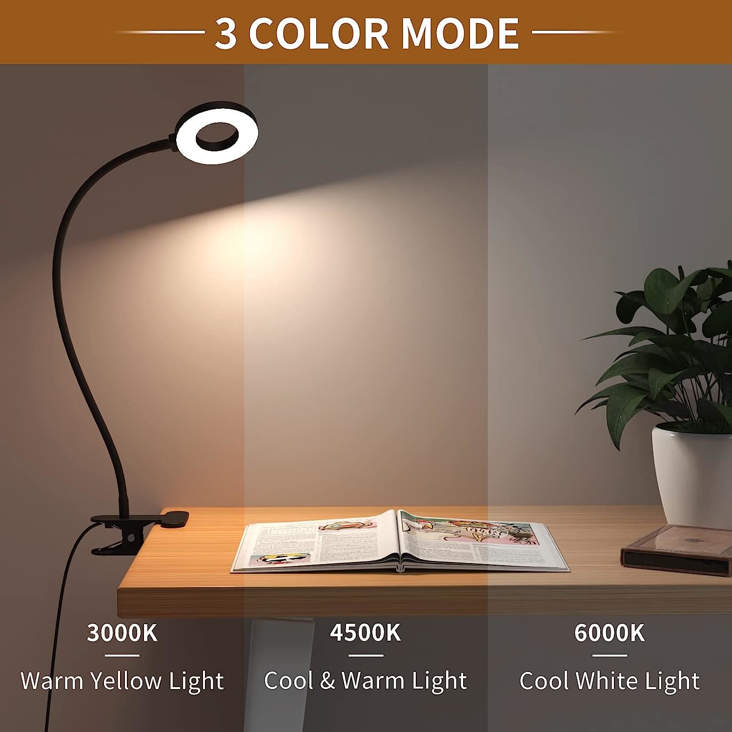 Desk Lamp 3 Color Modes & 10 Brightness LED Reading Light with Clamp, Flexible Gooseneck Book Light Clip on Table