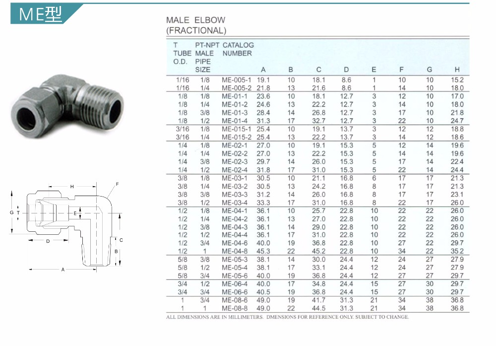 Stainless Steel 316 Male and Ferrule Elbow Tube Tittings