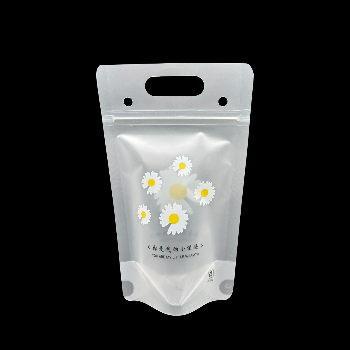 500ml Nice Daisy Orange Design Frosted Clear Stand Up Plastic Drink Bags with 2.4 inch Bottom Gusset and Ziplock