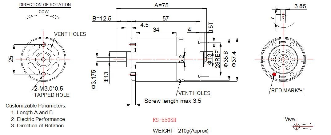 35.8mm High Torque Electric Motor , 12v 24v RS 550 DC Motor With Metal Brush
