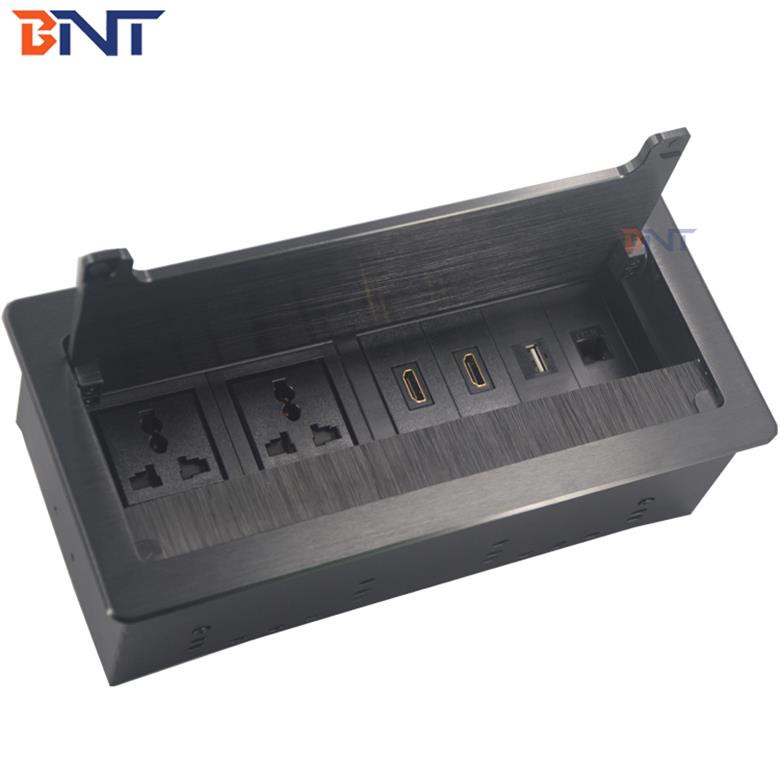 Aluminum Alloy cable management flip up emdded desk hidden socket with brush cover