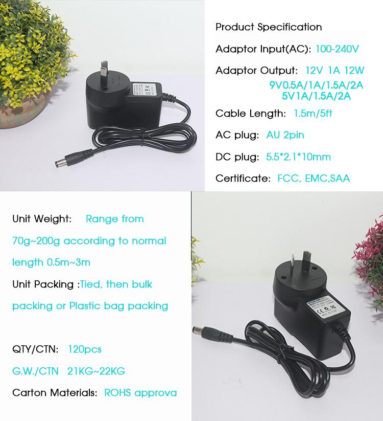 AU 5V 1A 1.5A SAA Approvd 1M DC 5521 Jack Power Supply Adapter for Computer
