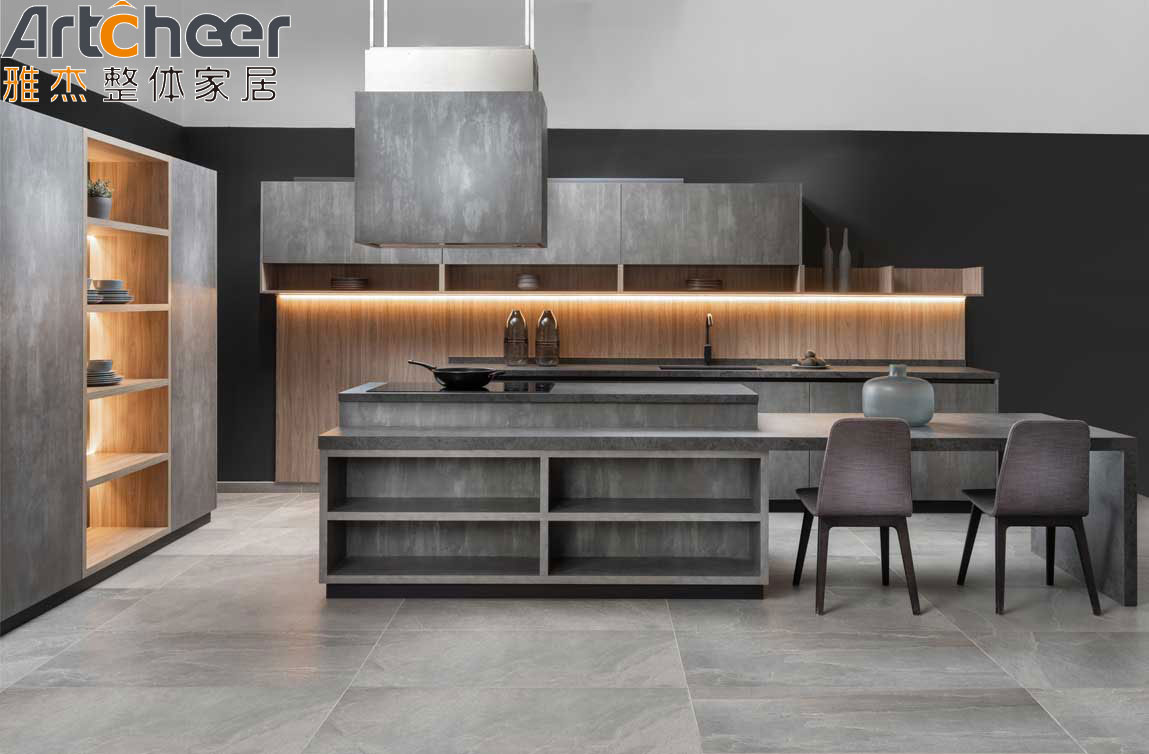 Modern Kitchen Furniture with Dark Grey Marble Look Finish and Flat Edge Countertop