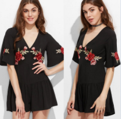 Fashion Design Empire Waist Floral Embroidered V-Neckline Maxi Woman Dress