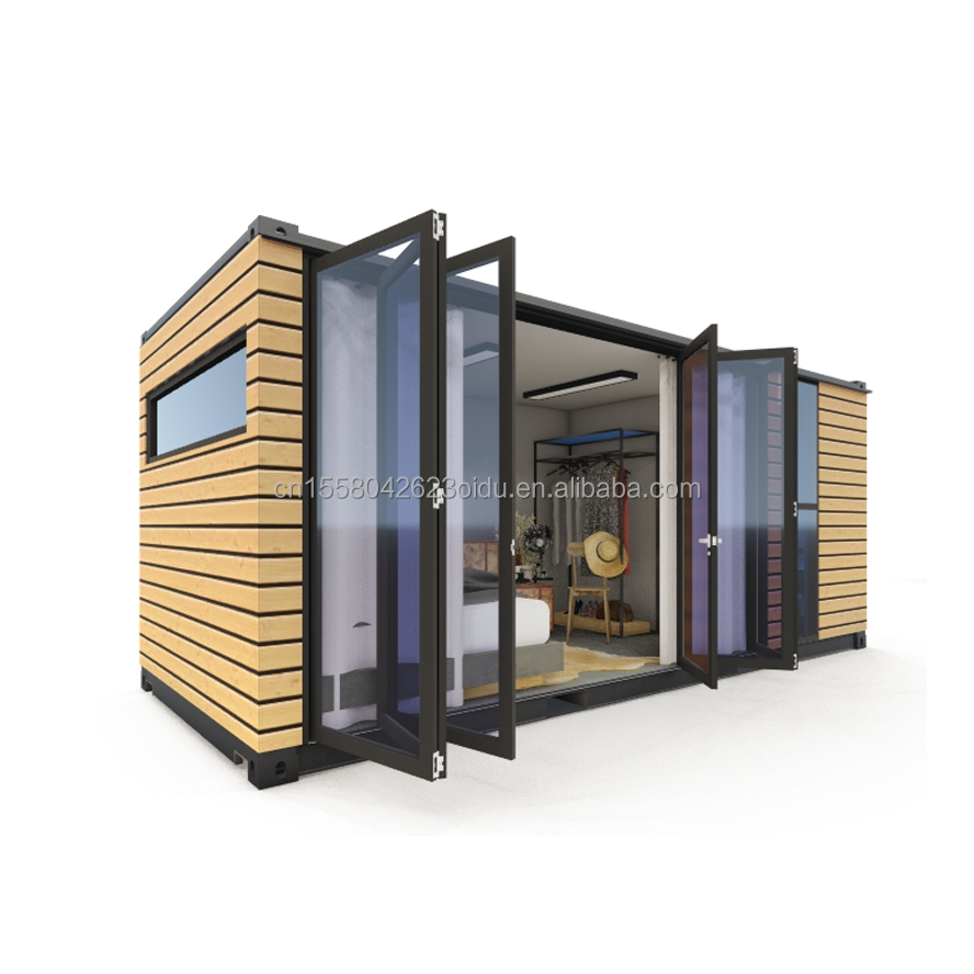 20 FT Customizable Modern Prefabricated Steel Container House with Outdoor Wooden Container and Aluminum Alloy Windows