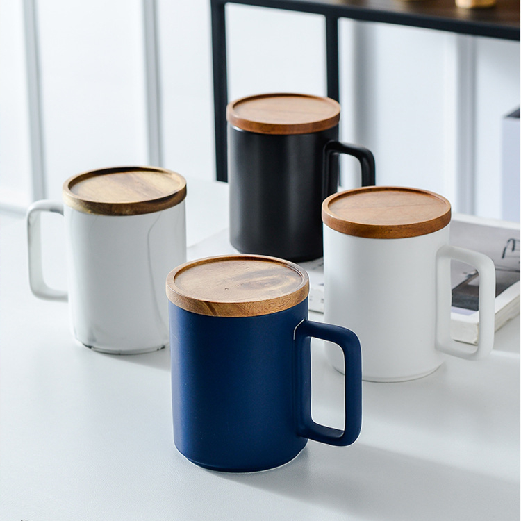 Custom Large 15oz Nordic Matte Black White Ceramic Coffee Mug with Wooden Lid Gift Box