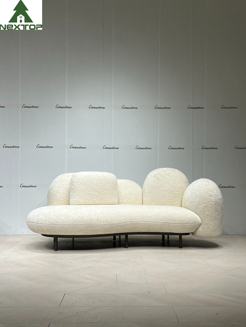 Shaped Fabric Velvet 3 Seats White Plush Sofa For Hotel Room Home Villa