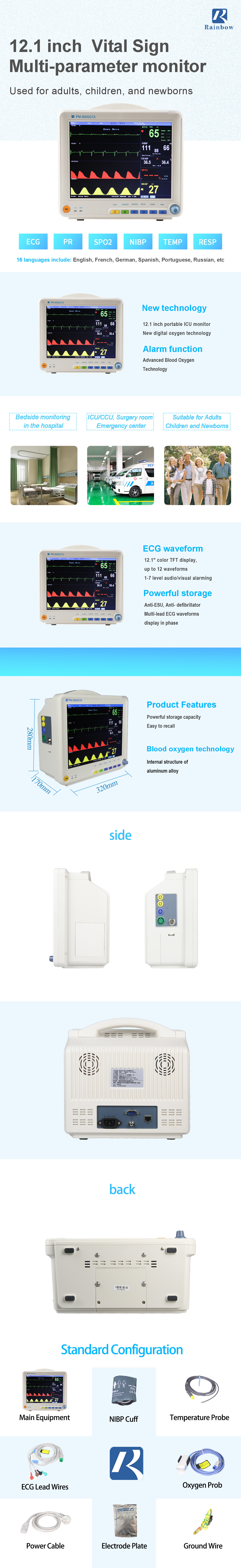 ICU CCU Electric Multi Parameter Patient Monitor Class II GB/T18830-2009 Standard Blood Pressure Monitoring