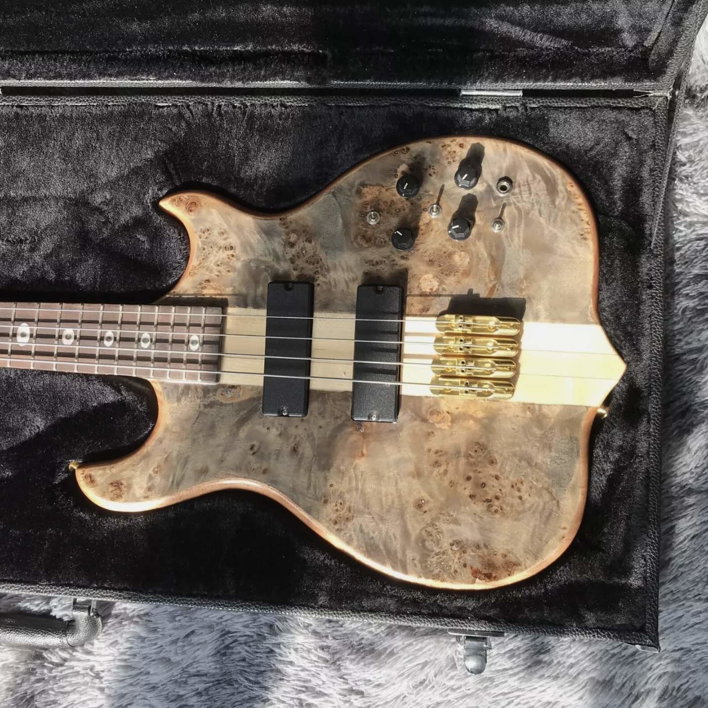 Custom 42 inch active pickup neck through body veneer maple top 4 strings Alembic style electric bass