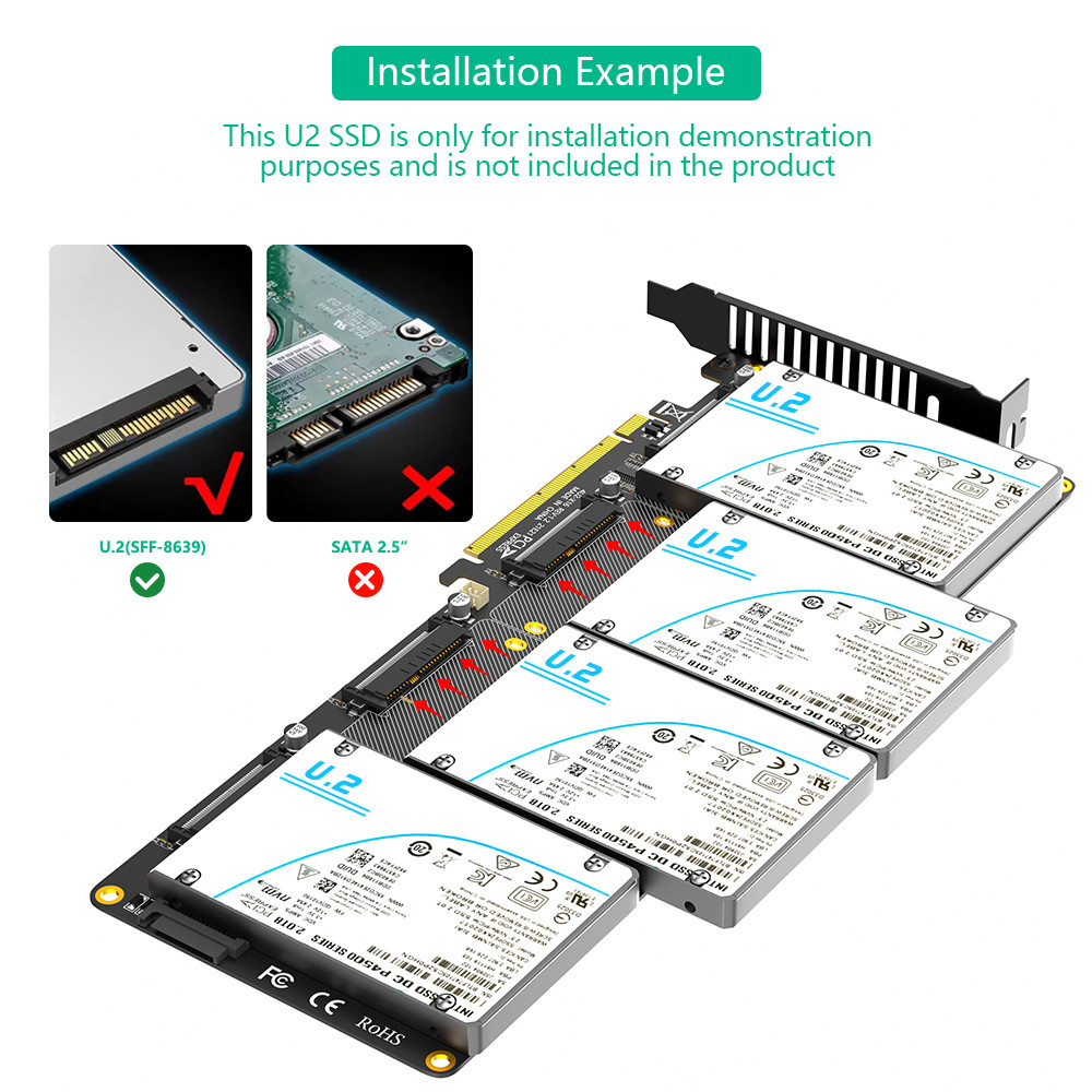 U.2 to PCI-e Riser Adapter PCIe4.0 X16 to 2.5" U.2 (SFF-8639) SSD Expansion Card