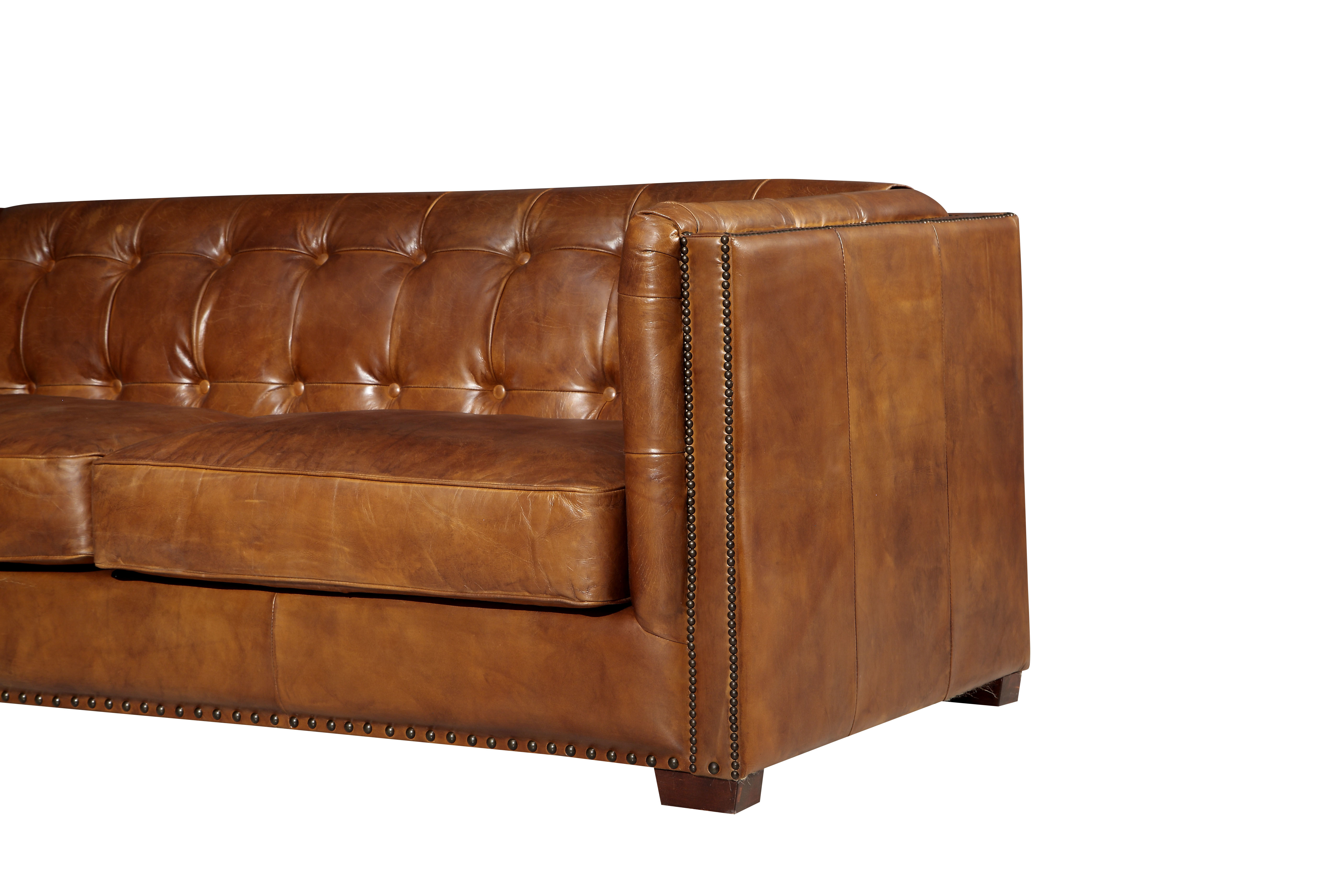Comfortable Tan Brown Leather Couch , Genuine Leather Couch Set Solid Wood Legs