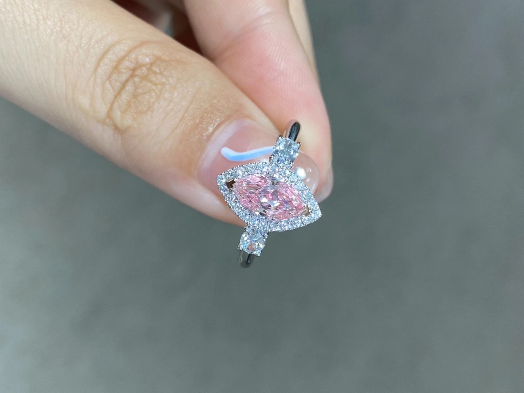 Marquise Modified Brilliant Cut Fancy Light Pink 0.95ct CVD Lab Grown Diamond 18k White Gold Engagement Ring