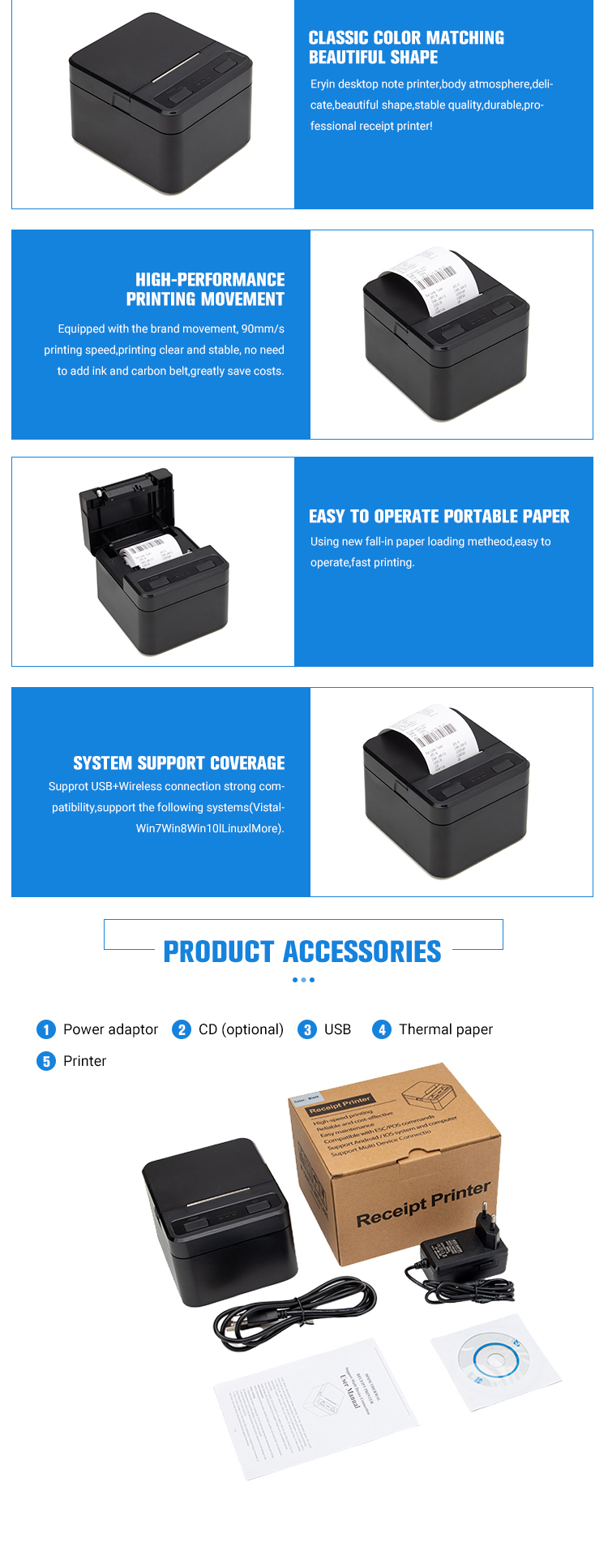 Adapter Direct Power Supply 58mm Wireless BT Thermal Receipt Bill Printer for Android