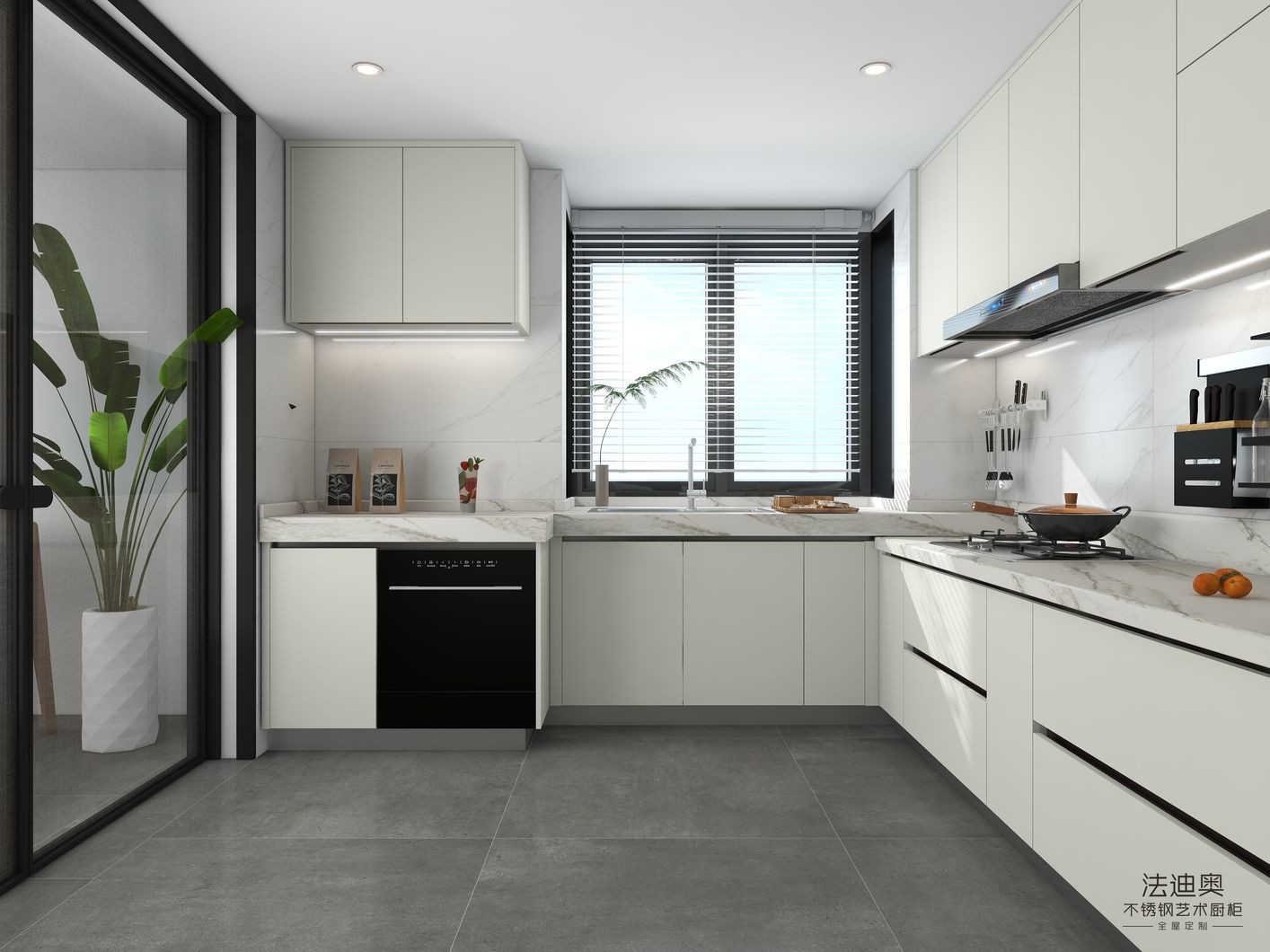 White Elegance Kitchen Cabinets With High-Low Sintered Stone Countertops