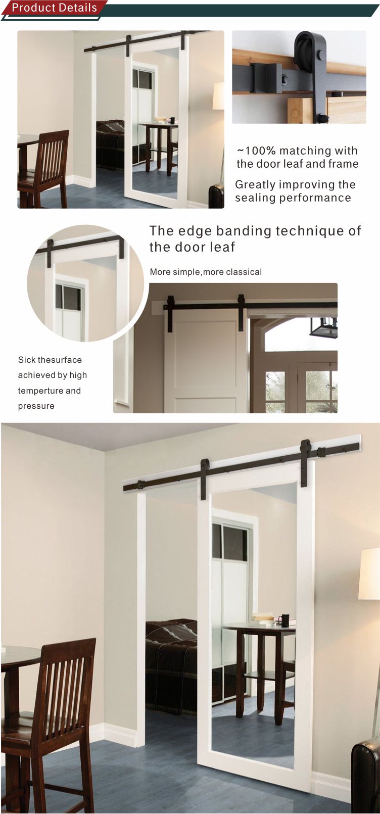 Modern Interior White Solid Wood Sliding Door 80mm Sliding Mirror Closet Doors