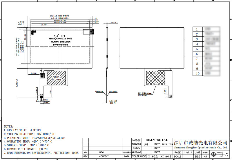 480x272 Colour Lcd Module 4.3" Ips Tft Screen With 10 Pin FPC