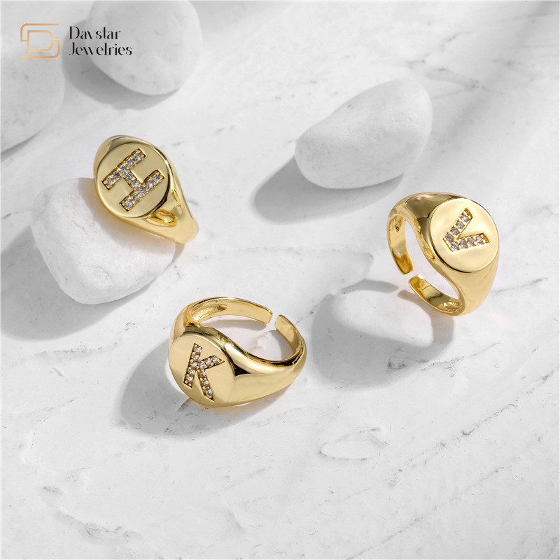 Adjustable Rhinestone Diamond Initial Ring , Chunky Zircon Gold Plated Letter Ring