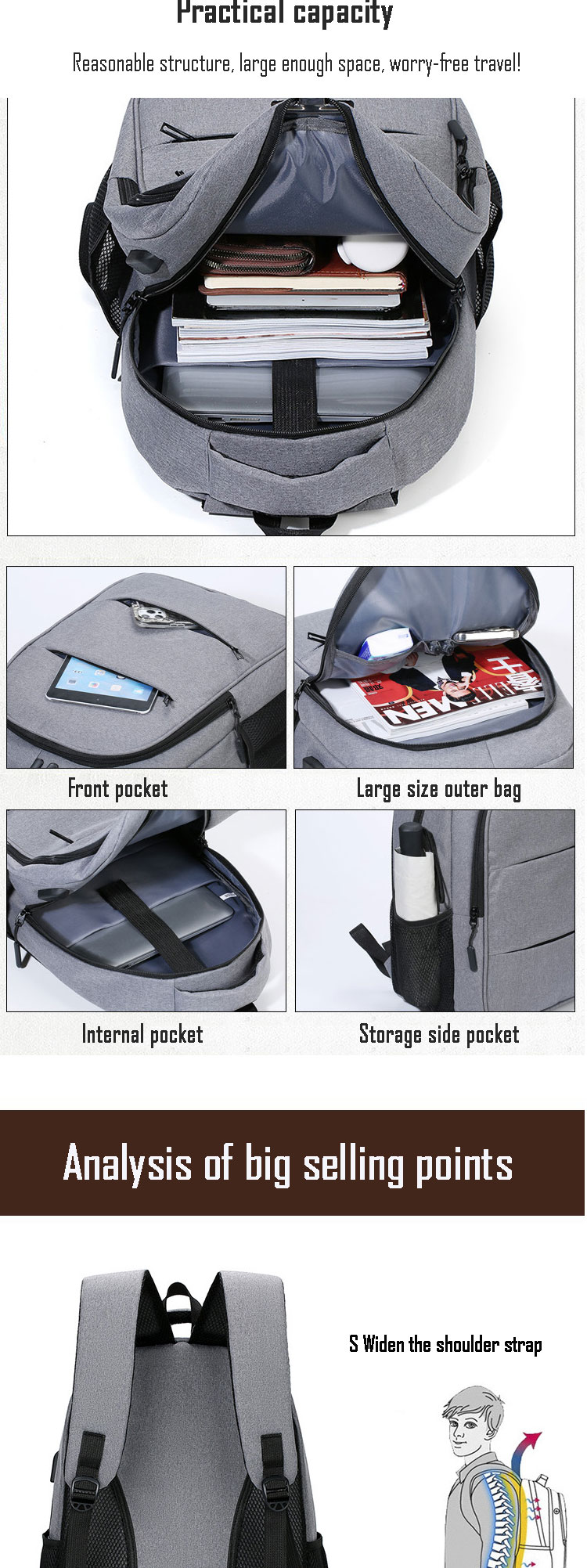 Men Casual Travel Laptop Backpacks College Students Computer Backpack with USB Port