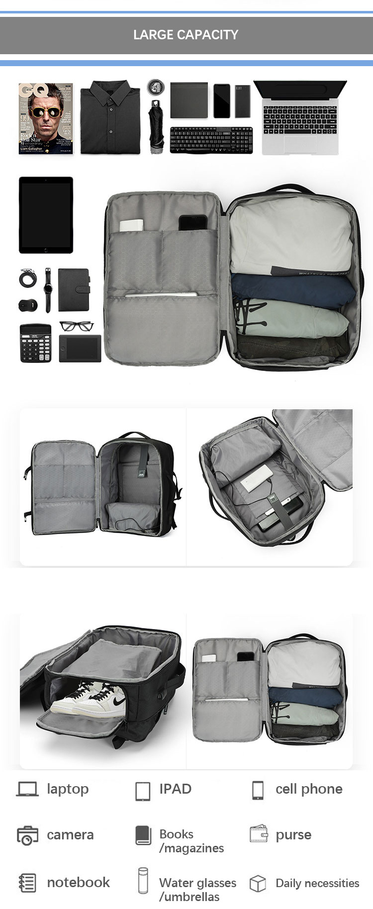 Custom Design Business Mens Laptop Bags USB Charging Backpack Big Capacity