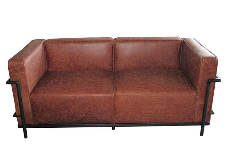 Green Leather 3 Seater Sofa Vintage Leather Sofa With Tube Iron Frame