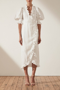 Linen Puff Sleeve Wrap Midi Elegant Dress Cotton Ladies