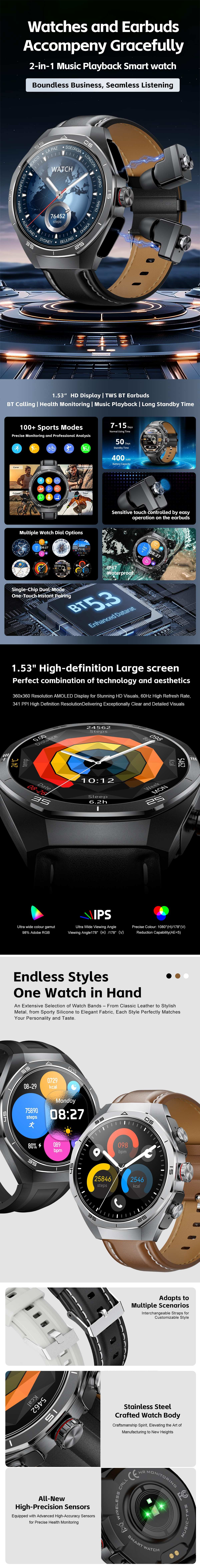 GT97 Sport 2 In 1 Smartwatch With Earbuds TWS Bluetooth Earphone BT Call Sound Music Playback