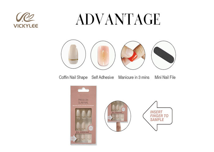 Long Artificial Press On Nude Coffin Nails With Crystal Stone