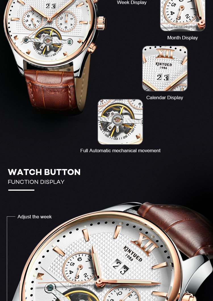 KINYUED Fashion Tourbillon Automatic Movement Mens Automatic Mechanical Watch Genuine Leather Wristwatch