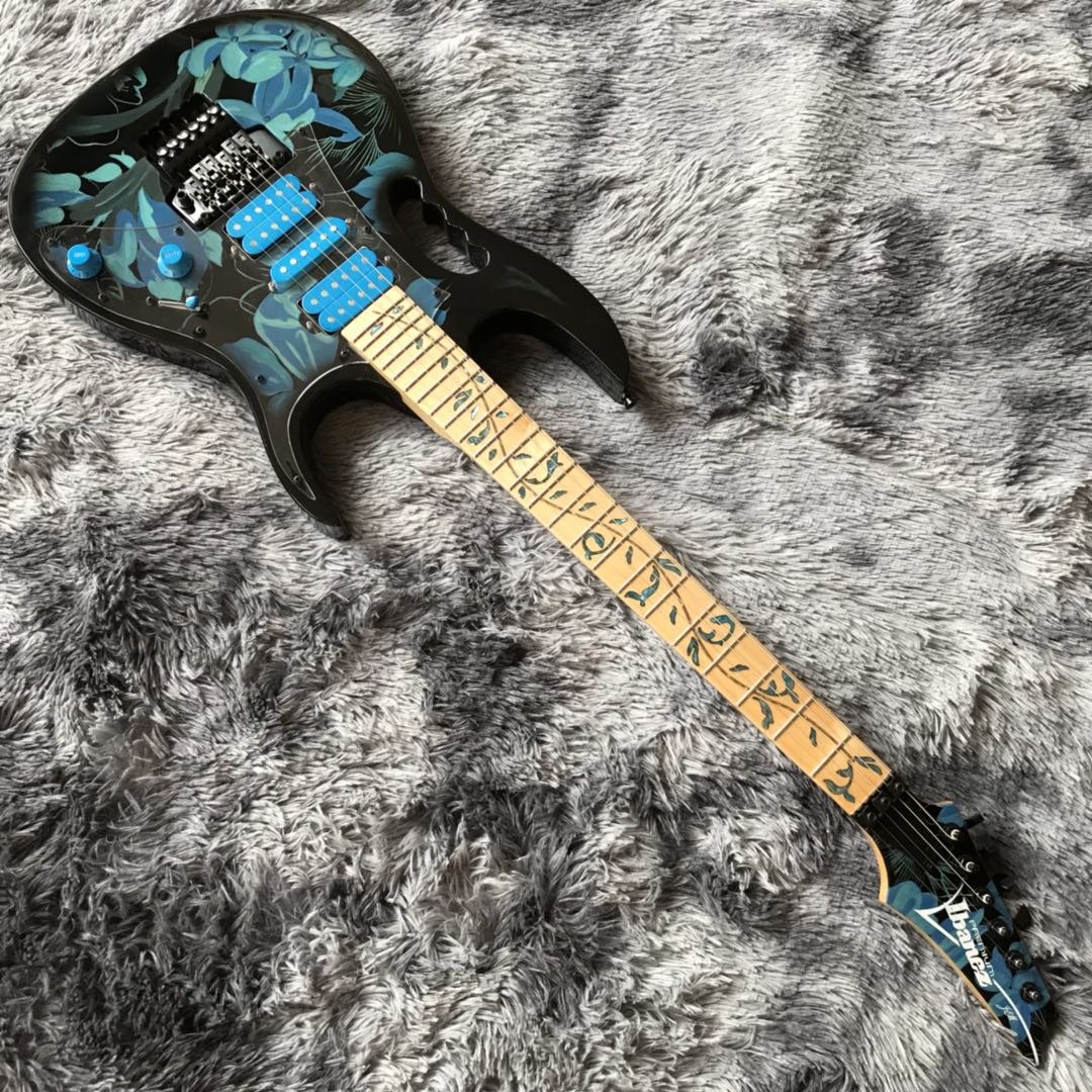 Custom Ibanez Style Jem77p Steve Vai Electric Guitar in Blue Floral Pattern