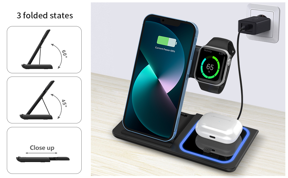 3 in 1 Mobile Phone Fast Charging Magnetic Wireless Charger Foldable and Portable Output 5W/7.5W/10W/15W Protection