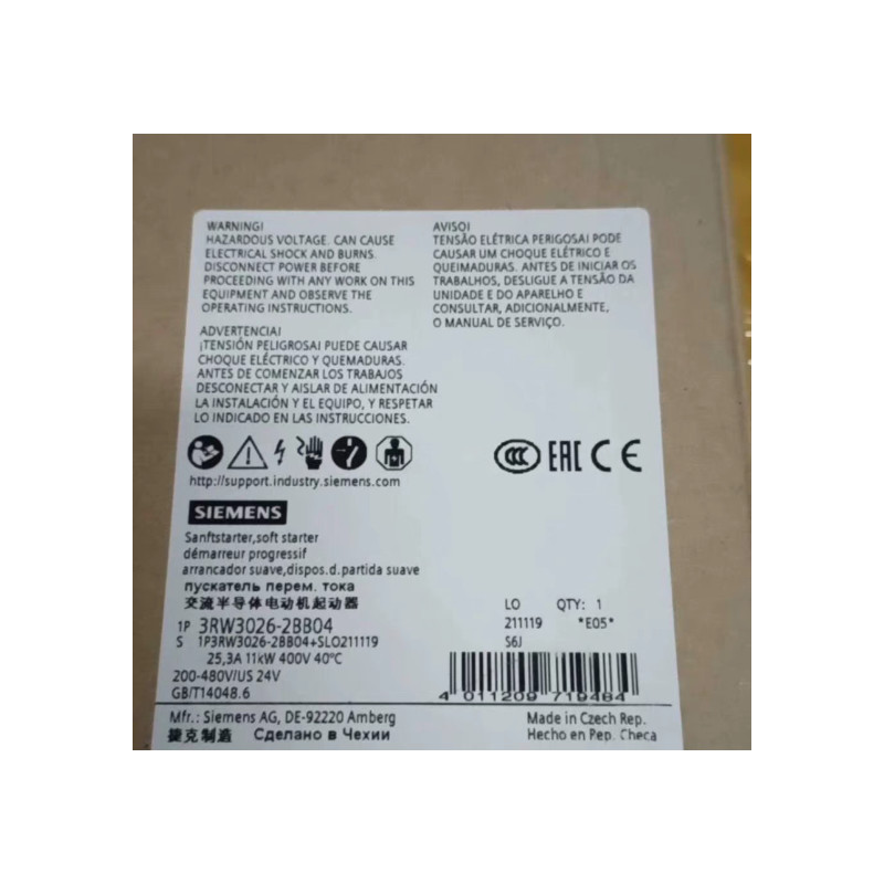 SIEMENS 3RW3026-2BB04 SIRIUS SOFT STARTER S0 25 A, 11 KW/400 V, 40 °C 200-480 V AC, 24 V AC/DC SPRING-TYPE TERMINALS