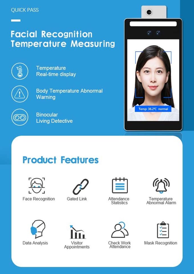 RGB Infrared 1.0m AI Face Recognition Temperature Measurement Terminal