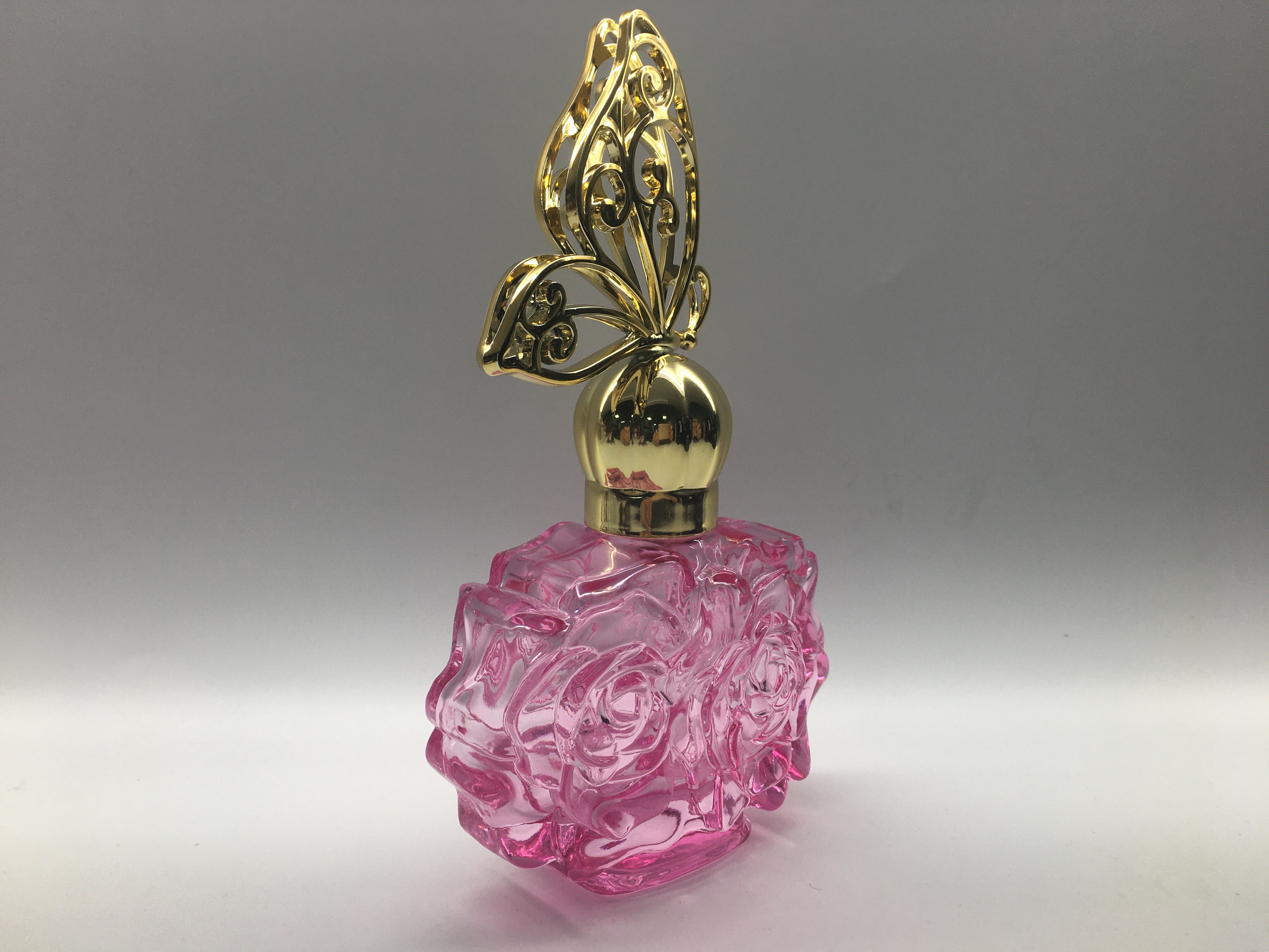 30ml 50ml Glass Perfume Bottle Rose Shape Pink Color With Butterfly Cap
