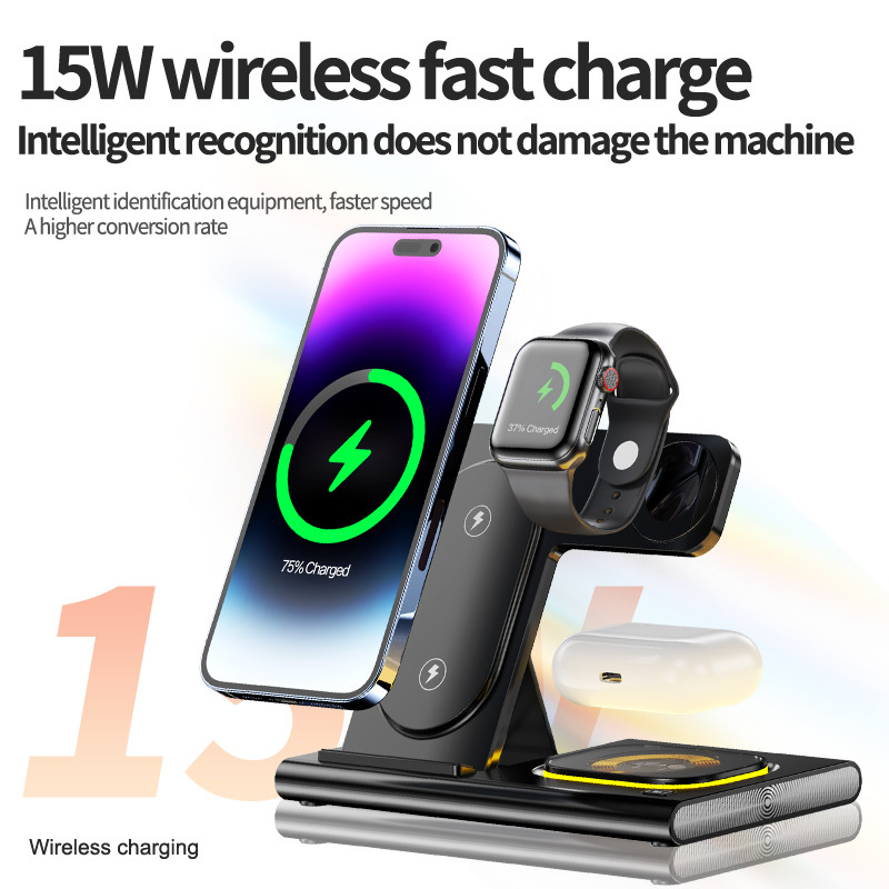 Fast Foldable 3 In 1 Wireless Charger 15W For Phone Watch Earphone