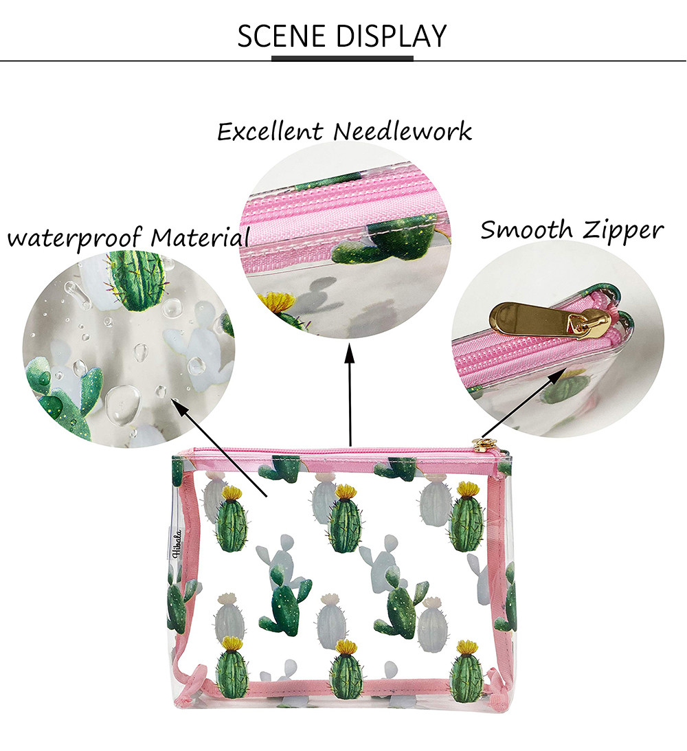 Zippered Cactus Print See Through PVC Cosmetic Bag