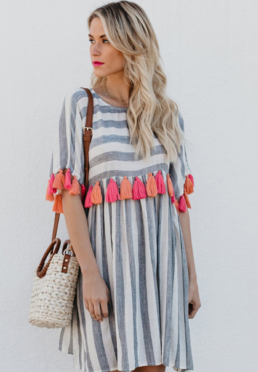Women Casual Striped Dresses With Color Tassel