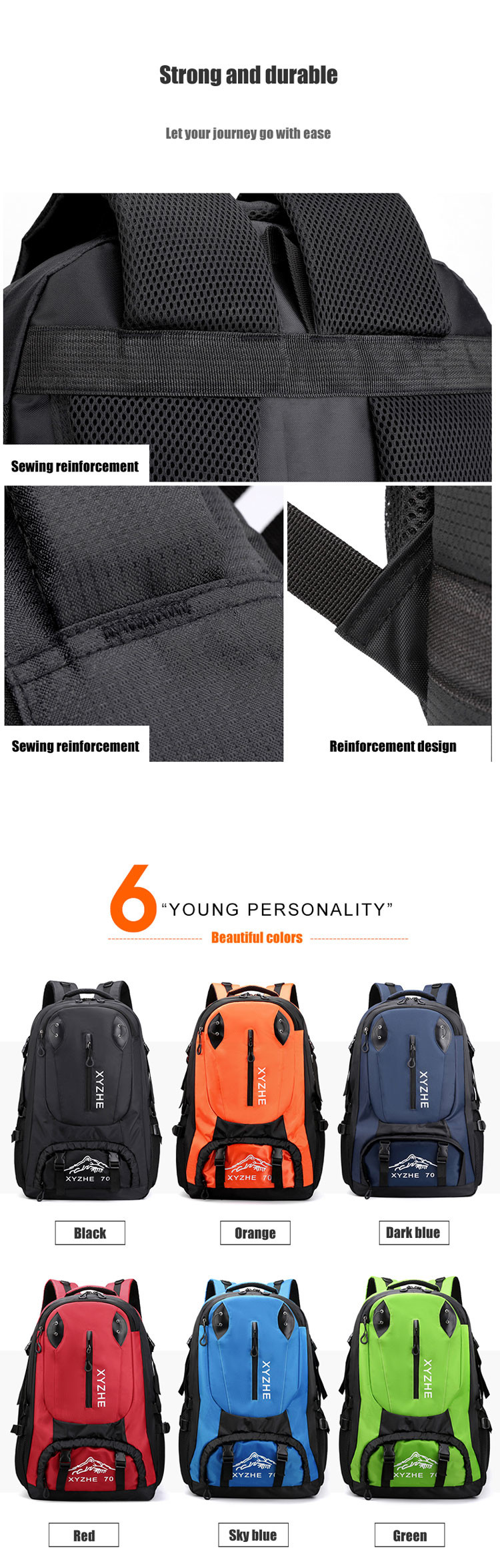 1.3 Inch 70L Camping Backpack Men Women Waterproof Backpack Bag Custom Logo