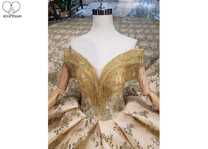 Gold Unique Vintage Prom Dresses Beads Tassels Heart Shaped Bust Shiny Lace